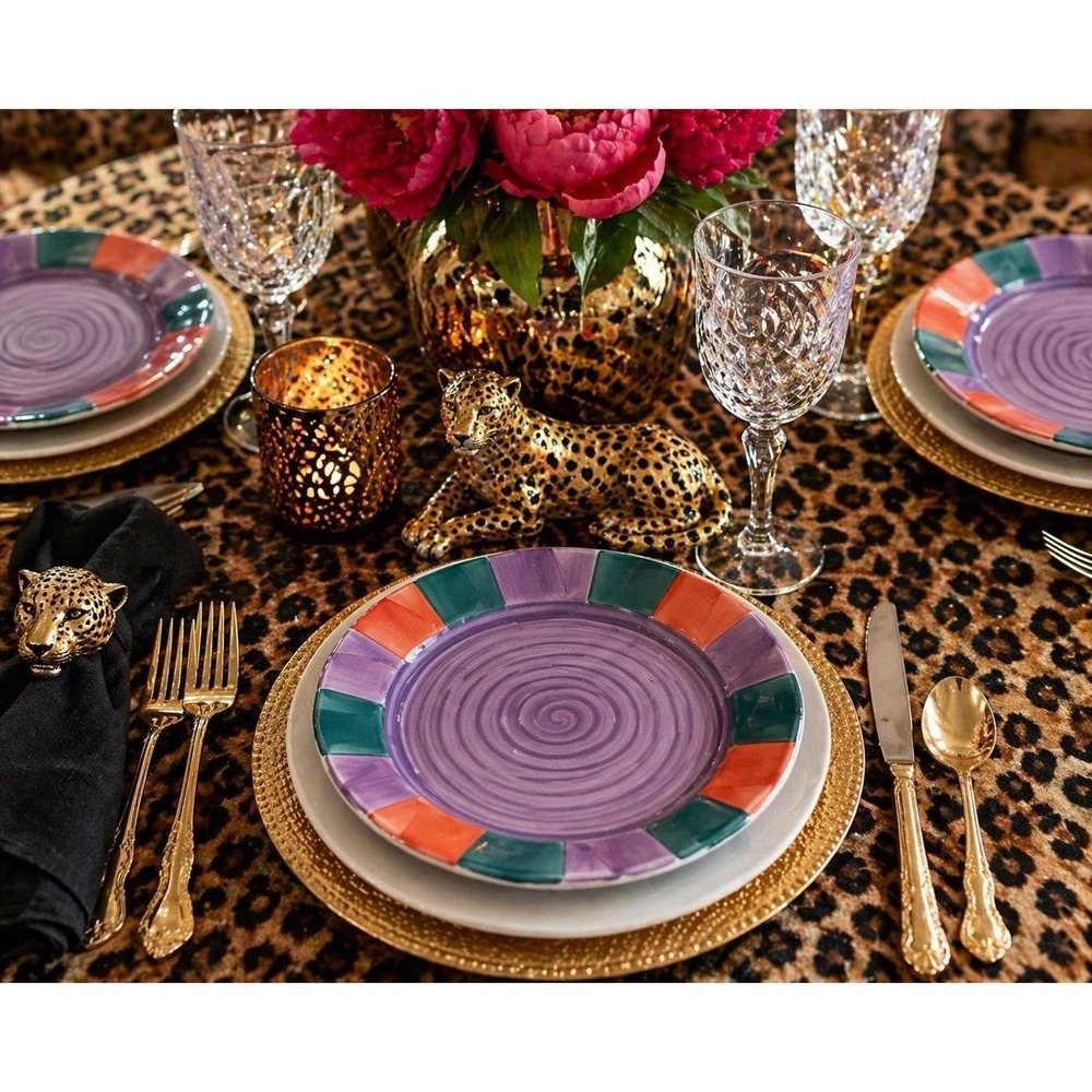 Tre Ci Italy Hand Paint‎ Plates Set 5 Colorful Stripe Spiral Majolica Style 10"